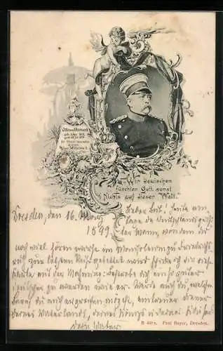 AK Engel mit einem Spiegel und dem Portrait von Bismarck in Uniform