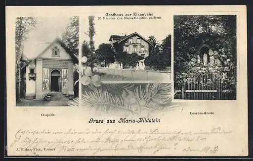 AK Maria-Bildstein, Gasthaus zur Eisenbahn, Chapelle, Lourdes-Grotte