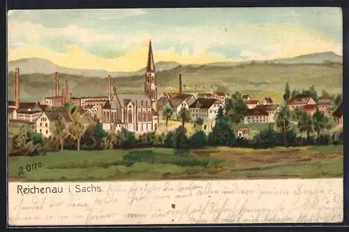 Lithographie Reichenau i. Sachs., Ortsansicht mit der Kirche