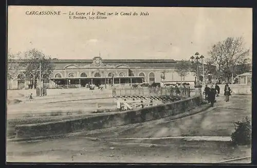 AK Carcassonne, la gare et le pont sur le canal du Midi