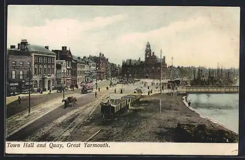 AK Great Yarmouth, Town Hall and Quay, Strassenbahn