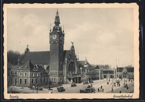 AK Danzig, Autos vor dem Hauptbahnhof