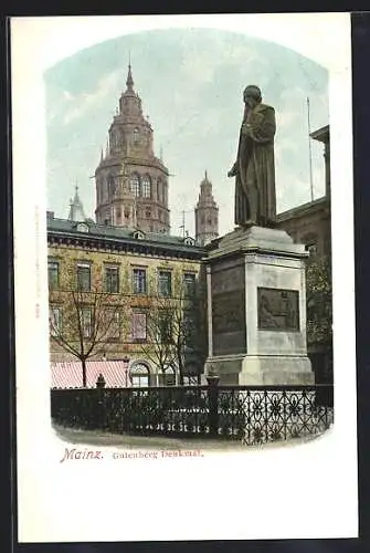 AK Mainz, Gutenberg-Denkmal mit Turmblick