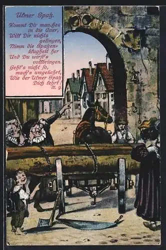 Künstler-AK Ulm / Donau, Szene am Stadttor, Ulmer Spatz