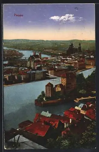 AK Passau, Ortsansicht aus der Vogelschau mit Donauzulauf