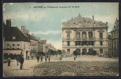 AK Autun, Théâtre et Avenue de la gare