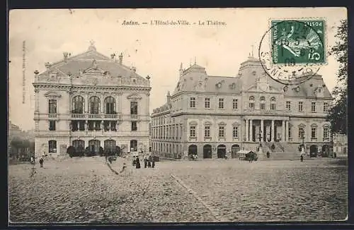 AK Autun, L`Hôtel-de-Ville et Le Théâtre