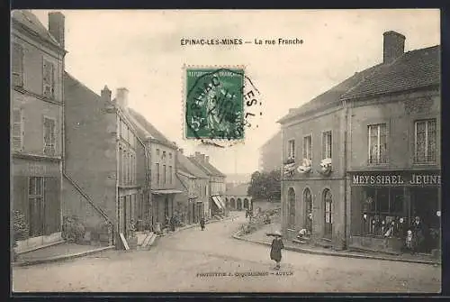 AK Épinac-les-Mines, La rue Franche avec le magasin Meyssirel Jeune