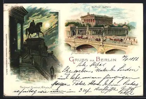 Lithographie Berlin, Denkmal Friedrich Wilhelm IV., Nationalgalerie mit Friedrichsbrücke