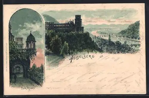 Lithographie Heidelberg, Zum Altan, Totalansicht aus der Vogelschau