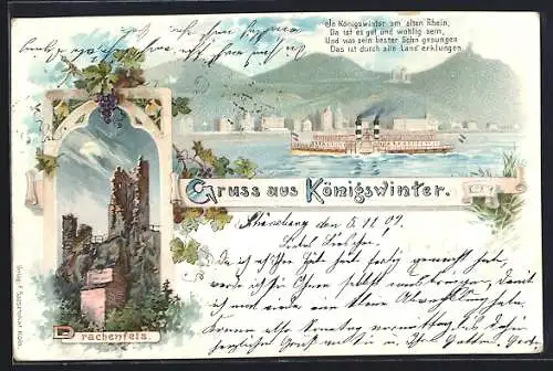 Lithographie Königswinter, Ortsansicht mit Dampfer, Drachenfels
