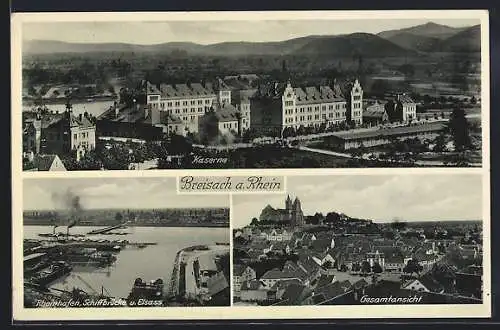 AK Breisach, Kaserne, Rheinhafen mit Schiffbrücke und Elsass, Gesamtansicht