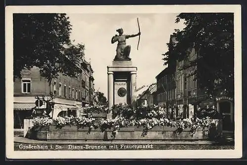 AK Grossenhain / Sa., Diana-Brunnen mit Frauenmarkt