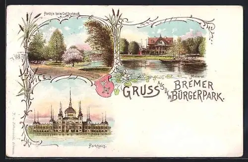 Lithographie Bremen, Bürgerpark mit Café, Meierei und Parkhaus