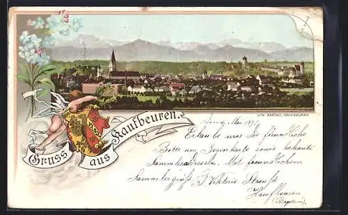 Lithographie Kaufbeuren, Ortspanorama mit Gebirge im Hintergrund