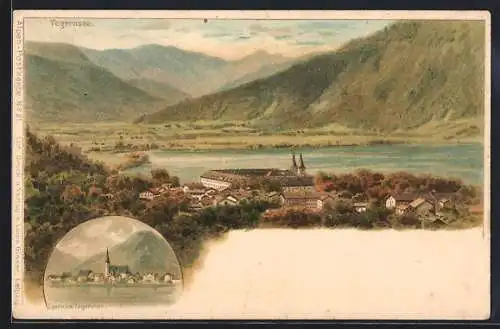 Lithographie Egern /Tegernsee, Ortsansicht mit dem Tegernsee und den Bergen