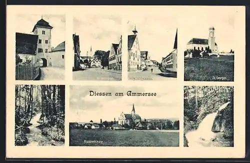 AK Diessen am Ammersee, Klosterkirche, Taubenturm, St. Georgen, Herrenstrasse, Wasserfall im Klostergarten