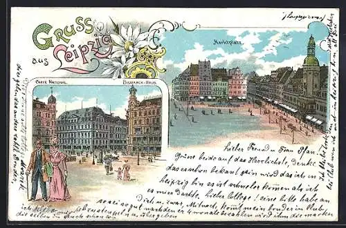 Lithographie Leipzig, Marktplatz mit Cafe National, Bismarck-Haus