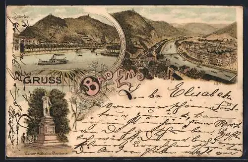 Lithographie Bad Ems, Ortsansicht aus der Vogelschau, Dampfer