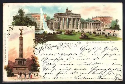 Lithographie Berlin, Brandenburger Tor und Siegessäule