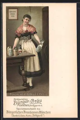 Lithographie München-Au, Gasthaus Bürrger-Bräu, Kaufingerstrasse 6, Kellnerin mit Bierkrügen