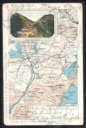 Lithographie Herzogstand, Landkarte Bayer. Hochland, Herzogstand