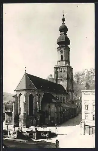 AK Burghausen a. d. Salzach, Ortsansicht mit Kirche