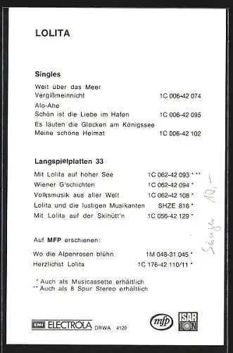 AK Musikerin Lolita lächelnd mit Halstuch posierend, mit Autograph