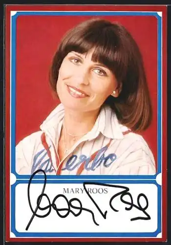 AK Musikerin Mary Roos mit breitem Lächeln und gestreifter Bluse, mit Autograph