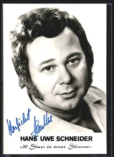 AK Musiker Hans Uwe Schneider mit leichtem Lächeln und markanten Koteletten, mit Autograph