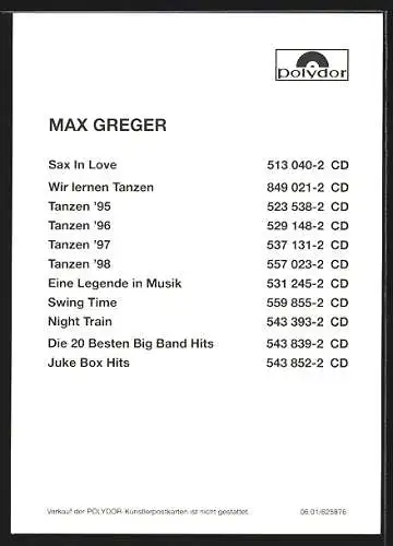 AK Musiker Max Greger mit seinem Tenor-Saxophon, mit Autograph