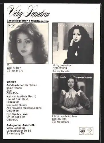 AK Musikerin Vicki Leandros mit gelockter Frisur, Autograph