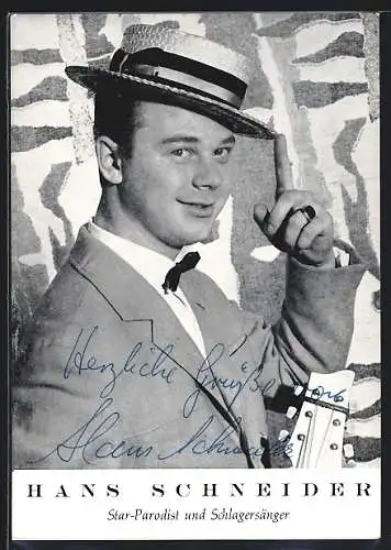 AK Musiker Hans Schneider mit Gitarre und Strohhut, Autograph