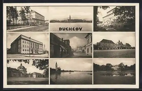 AK Dux / Duchcov, Schloss am See, Strassenpartie