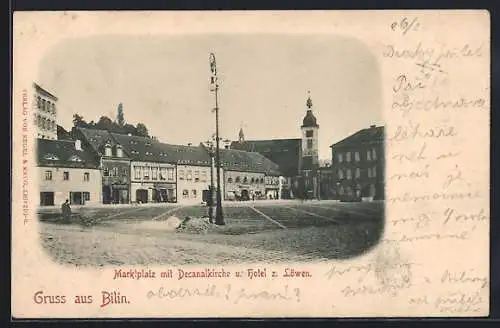 AK Bilin, Marktplatz mit Decanalkirche u. Hotel zum Löwen