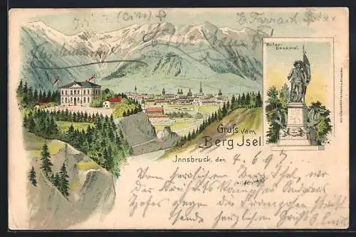 Lithographie Innsbruck, Ortsansicht mit Berg Isel und Hofer-Denkmal