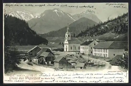 AK Mariazell, Wegscheid, Gesamtansicht mit Kirche im Zentrum