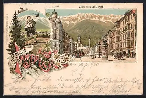 Lithographie Innsbruck, Maria Theresienstrasse mit Litfasssäule, Wanderer in Tracht