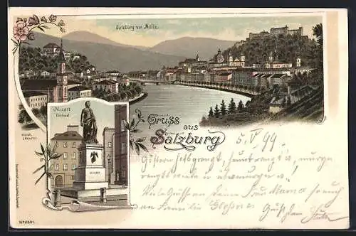 Lithographie Salzburg, Blick auf die Ortschaft vom Mülln, Mozart Denkmal