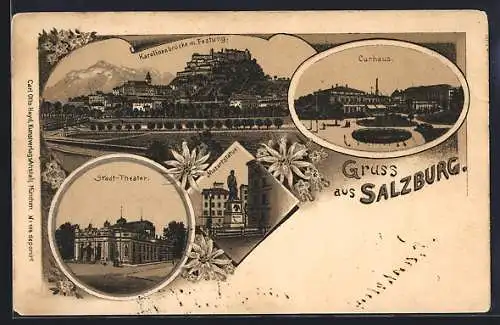 Lithographie Salzburg, Karolinenbrücke, Curhaus und Mozartstatue