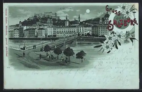 Mondschein-Lithographie Salzburg, Stadtbrücke bei Nacht