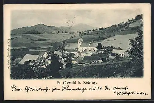 AK St. Oswald / Steiermark, Ortsansicht aus der Vogelschau