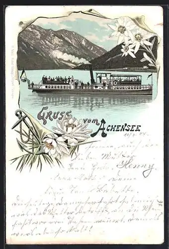 Lithographie Achensee, Dampfer auf dem See mit Bergpanorama