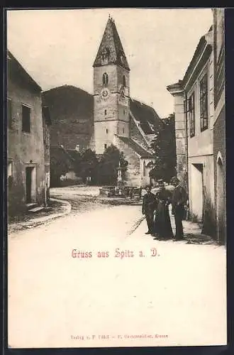 AK Spitz a. D., Strassenpartie mit Kirche