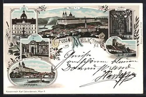 Lithographie Melk a. D., Prälatenhof, Hochaltar, Ruine Weitenegg, Benedictiner Abtei