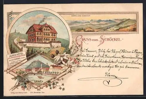 Lithographie Graz, Alpen-Hotel Stubenberghaus, Nördliche Aussicht mit dem Schöckel, Ortspartie