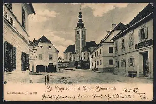 AK St. Ruprecht a. d. Raab, Strassenpartie mit Geschäften und Kirche