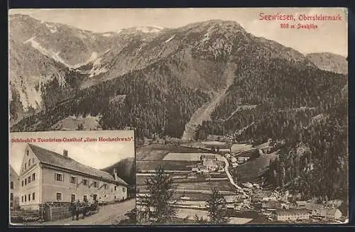 AK Seewiesen, Ortsansicht mit gewaltigem Bergpanorama, Gasthof zum Hochschwab