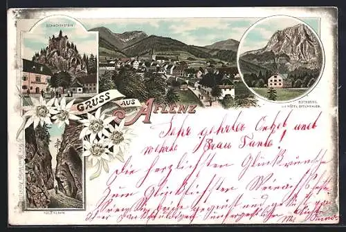 Lithographie Aflenz, Buchberg mit Hotel Bodenbauer, Schachenstein, Fölzklamm