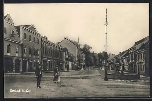 AK Gmünd / N.-Ö., Strassenpartie mit Brunnen und Strassenlaterne